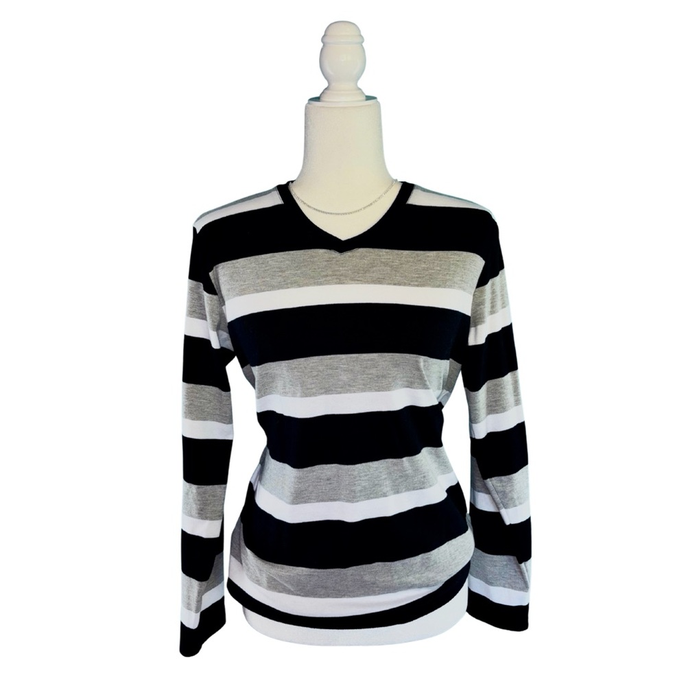 Hasting & Smith Black Gray White Striped Long Sleeve V-Neck Top Size M